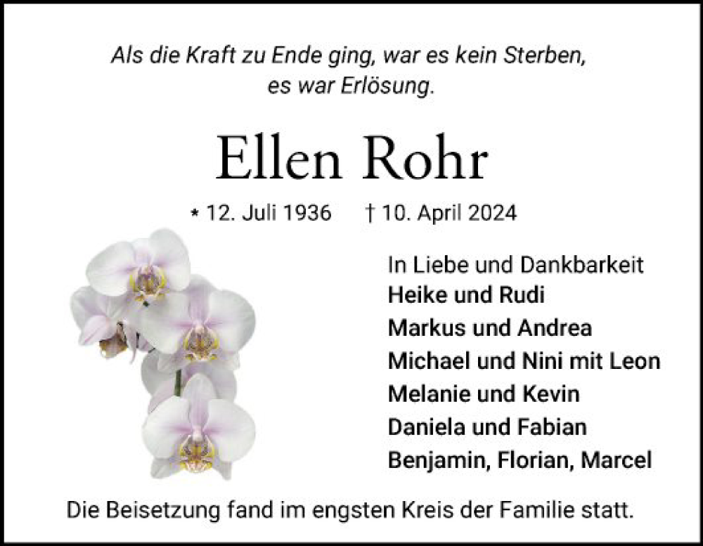  Traueranzeige für Ellen Rohr vom 04.05.2024 aus Mannheimer Morgen