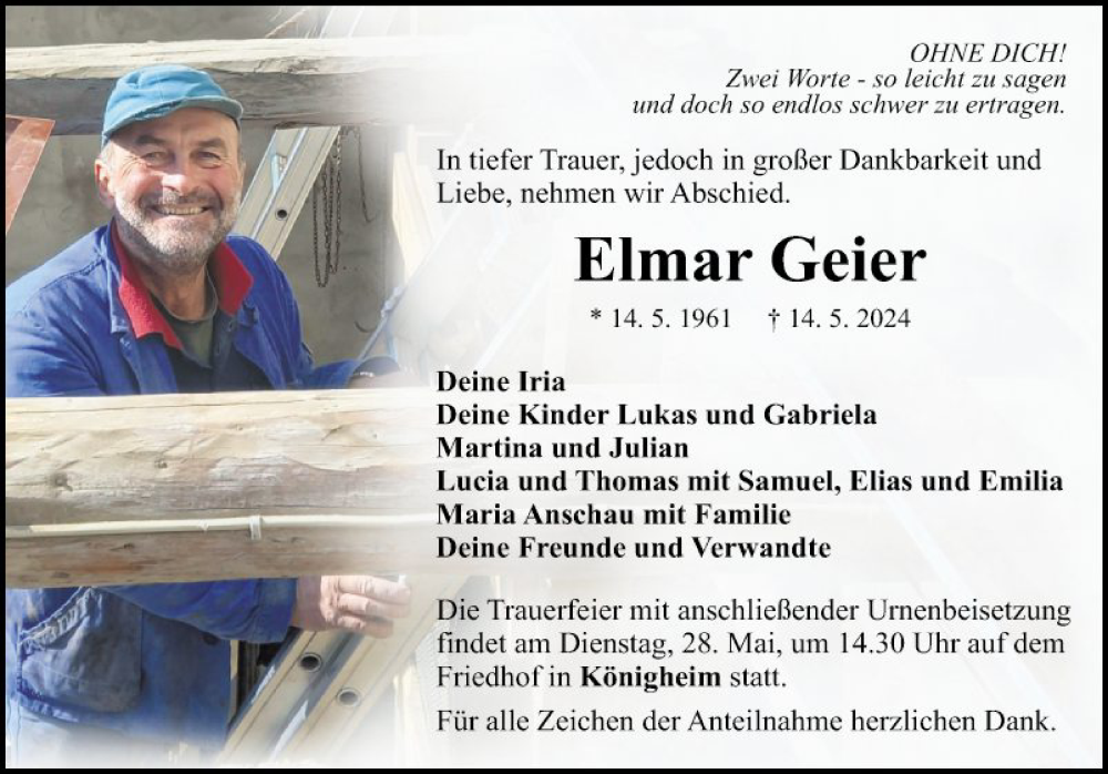  Traueranzeige für Elmar Geier vom 22.05.2024 aus Fränkische Nachrichten