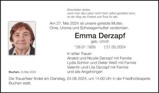 Traueranzeige von Emma Derzapf von Fränkische Nachrichten