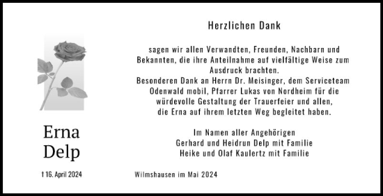Traueranzeige von Erna Delp von Bergsträßer Anzeiger