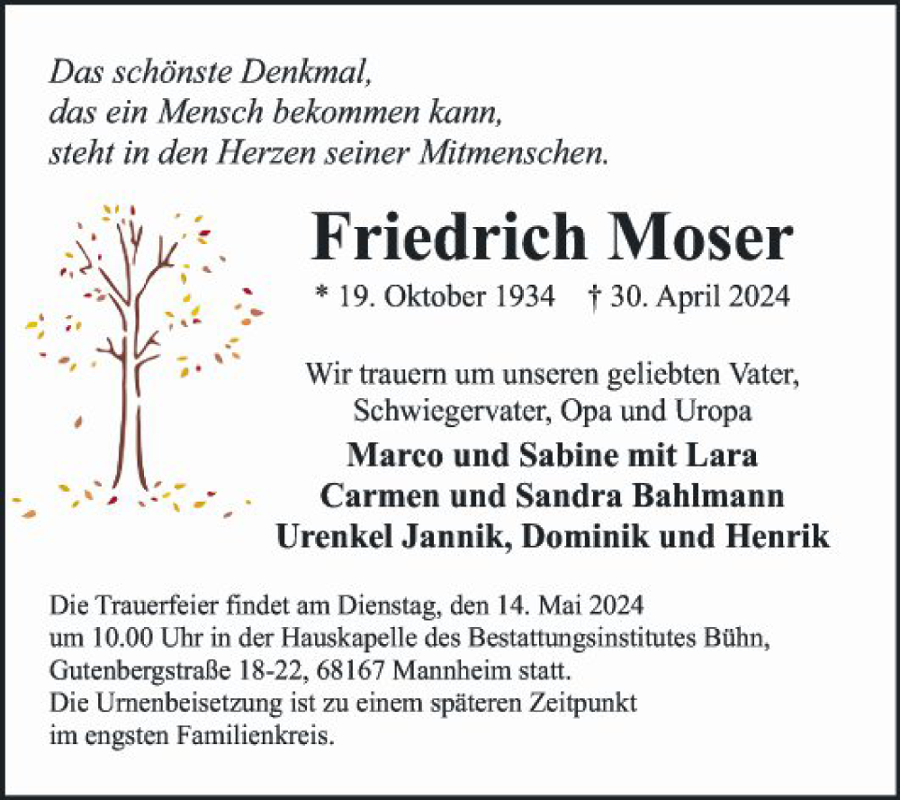  Traueranzeige für Friedrich Moser vom 04.05.2024 aus Mannheimer Morgen