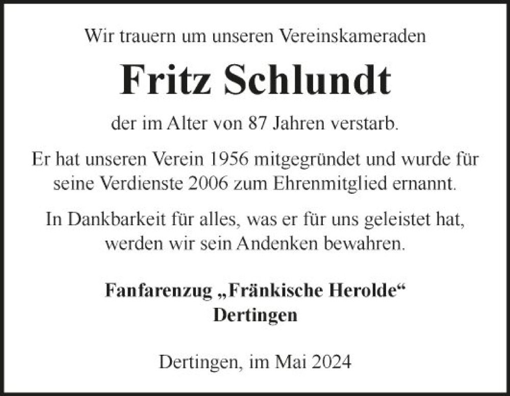  Traueranzeige für Fritz Schlundt vom 10.05.2024 aus Fränkische Nachrichten