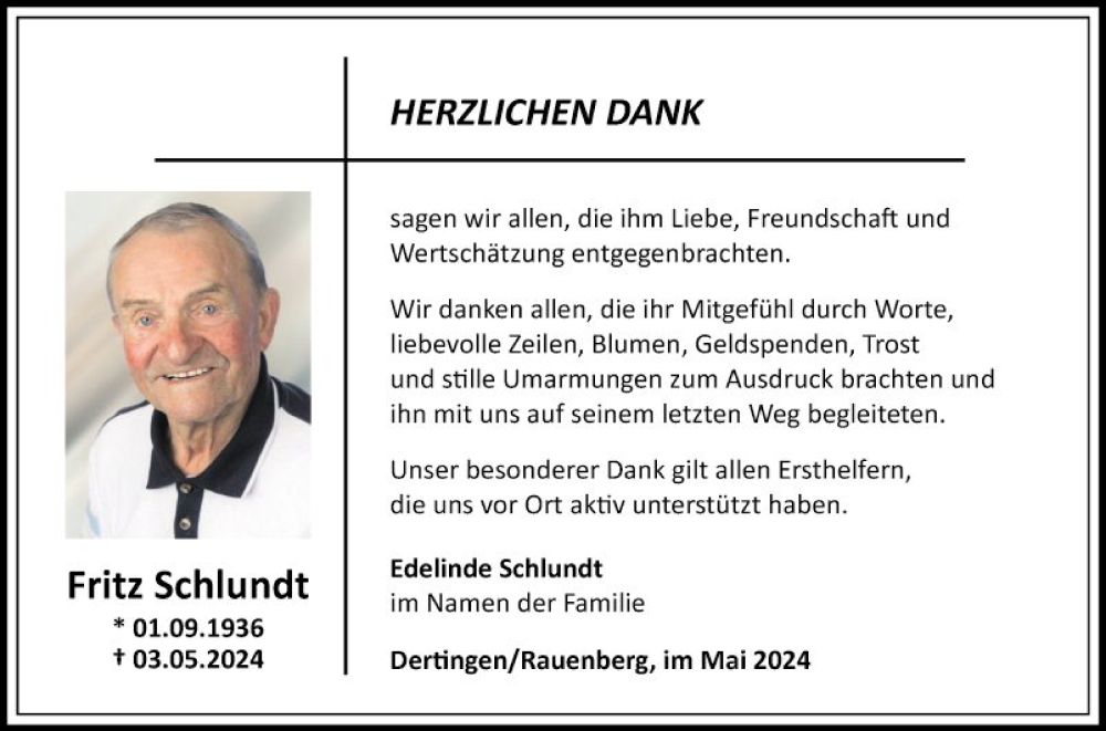  Traueranzeige für Fritz Schlundt vom 01.06.2024 aus Fränkische Nachrichten