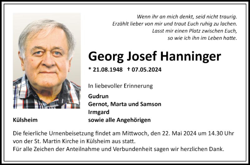  Traueranzeige für Georg Josef Hanninger vom 18.05.2024 aus Fränkische Nachrichten