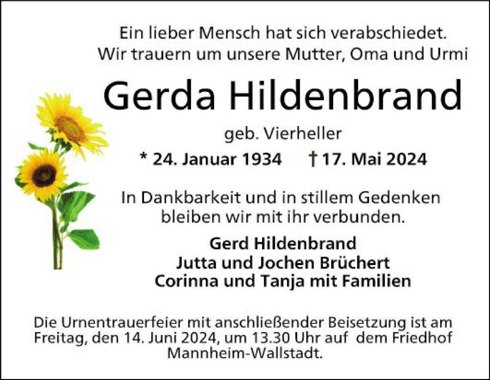  Traueranzeige für Gerda Hildenbrand vom 25.05.2024 aus Mannheimer Morgen