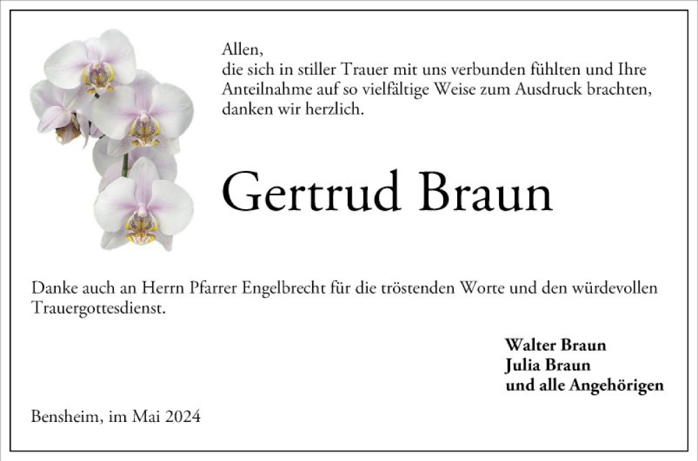  Traueranzeige für Gertrud Braun vom 25.05.2024 aus Bergsträßer Anzeiger