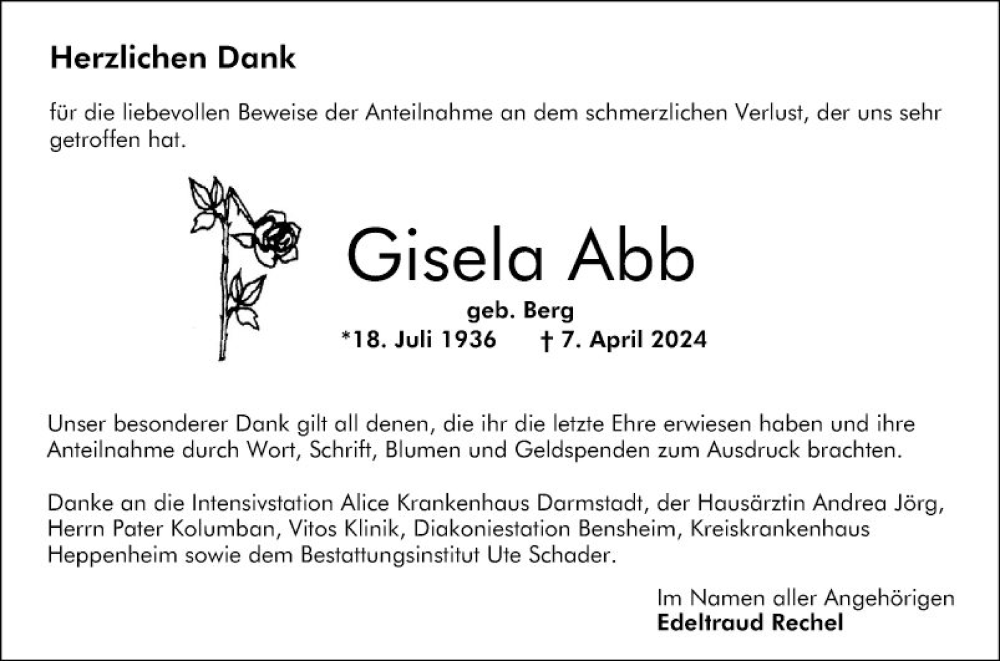  Traueranzeige für Gisela Abb vom 04.05.2024 aus Bergsträßer Anzeiger
