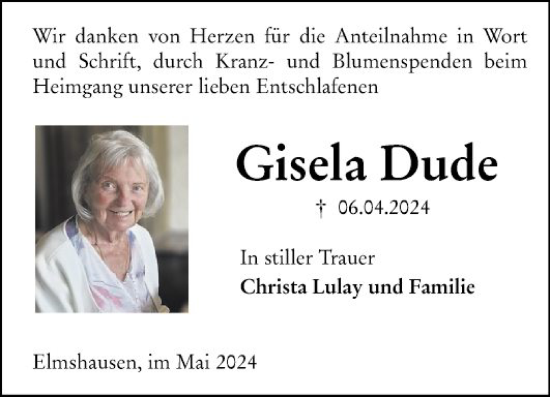 Traueranzeige von Gisela Dude von Bergsträßer Anzeiger