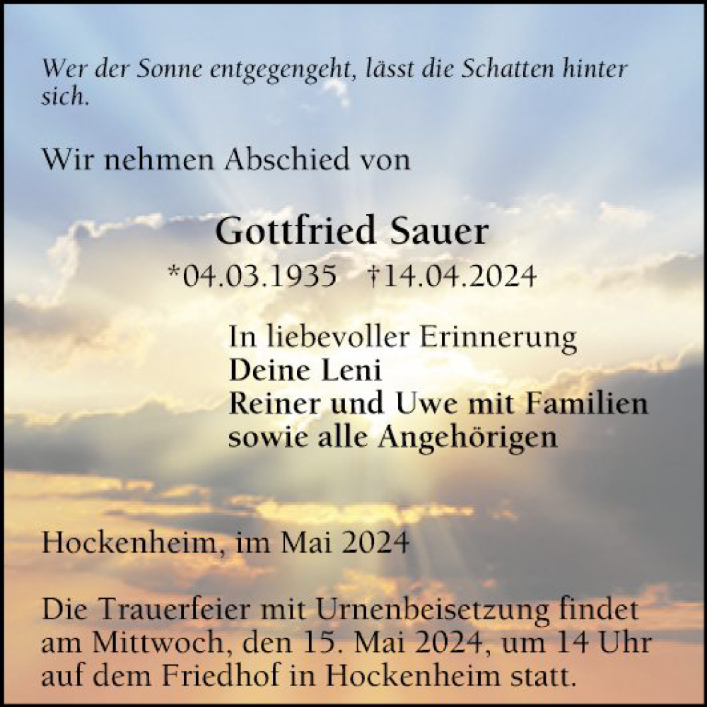  Traueranzeige für Gottfried Sauer vom 11.05.2024 aus Schwetzinger Zeitung