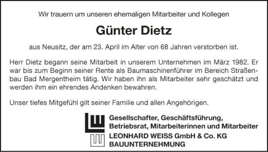 Traueranzeige von Günter Dietz von Fränkische Nachrichten