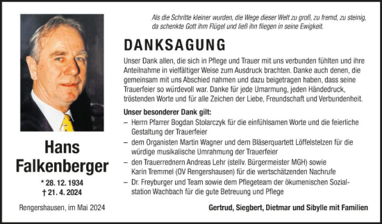 Traueranzeige von Hans Falkenberger von Fränkische Nachrichten