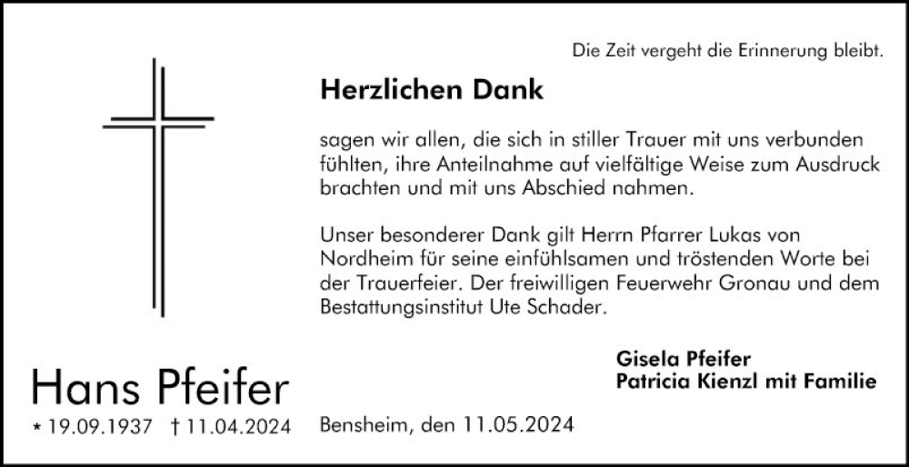  Traueranzeige für Hans Pfeifer vom 11.05.2024 aus Bergsträßer Anzeiger