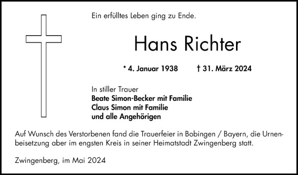  Traueranzeige für Hans Richter vom 04.05.2024 aus Bergsträßer Anzeiger