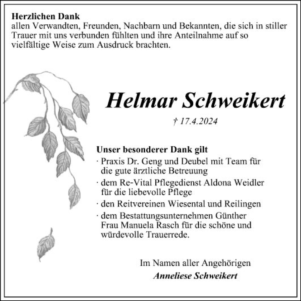  Traueranzeige für Helmar Schweikert vom 18.05.2024 aus Schwetzinger Zeitung