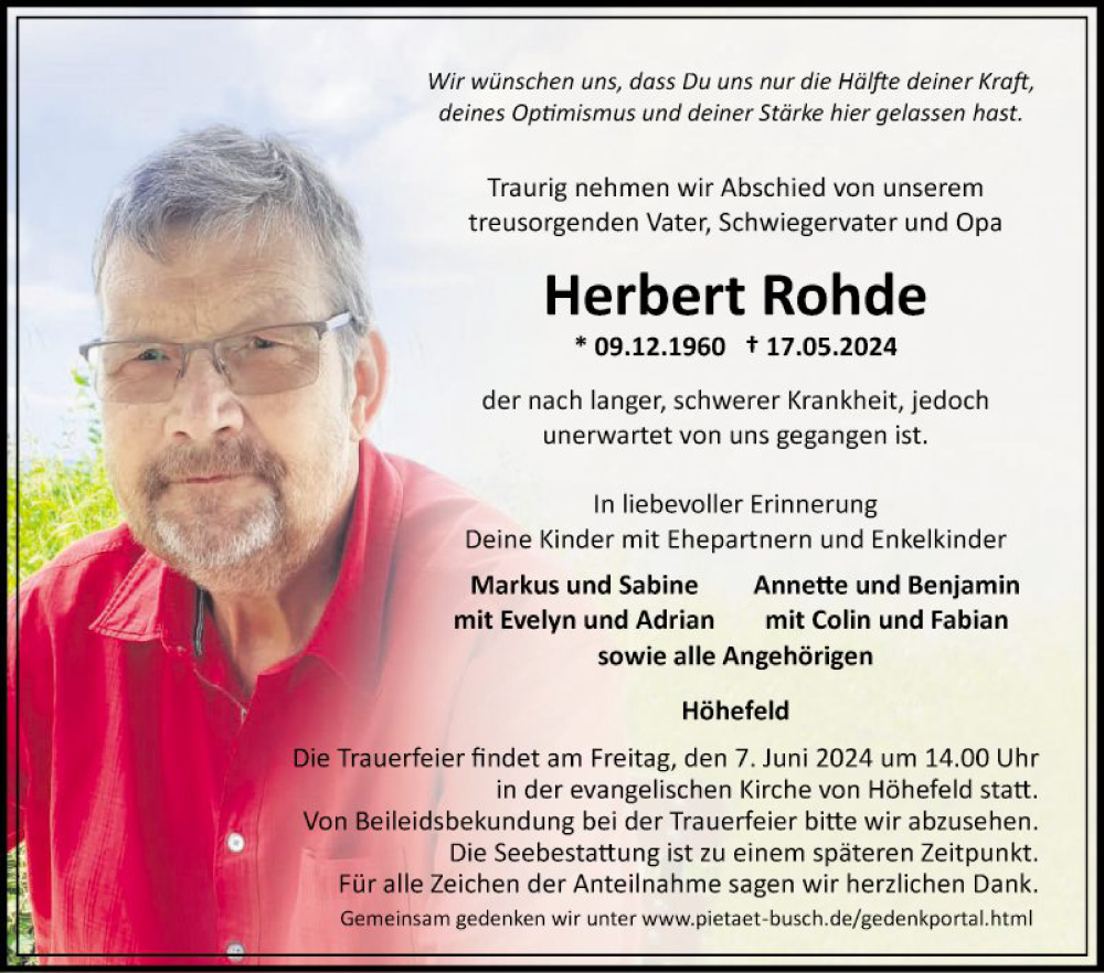  Traueranzeige für Herbert Rohde vom 01.06.2024 aus Fränkische Nachrichten