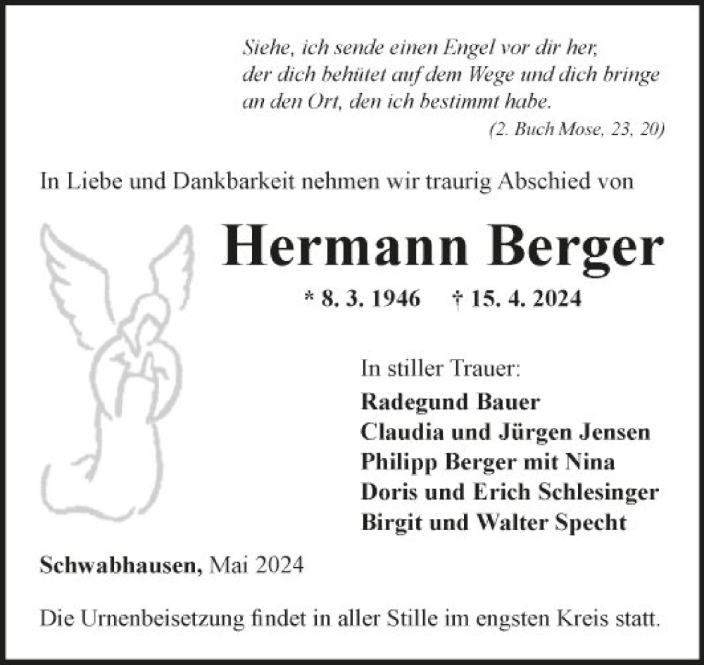  Traueranzeige für Hermann Berger vom 07.05.2024 aus Fränkische Nachrichten