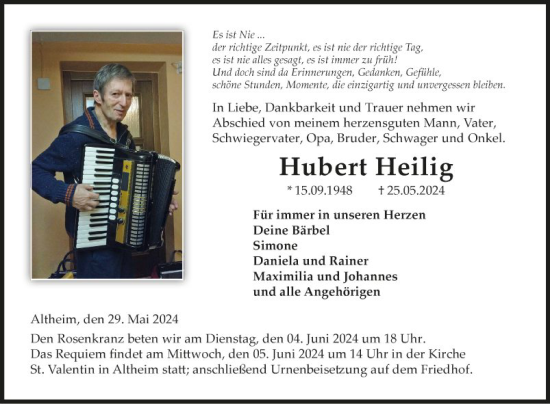 Traueranzeige von Hubert Heilig von Fränkische Nachrichten