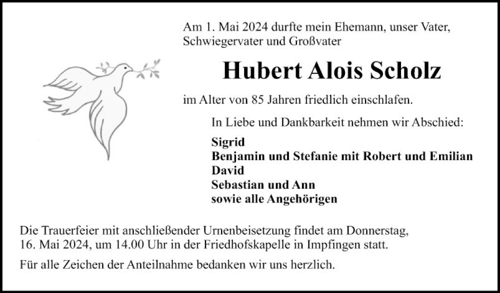  Traueranzeige für Hubert Alois Scholz vom 11.05.2024 aus Fränkische Nachrichten