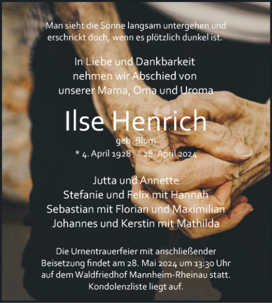 Traueranzeige von Ilse Henrich von Mannheimer Morgen