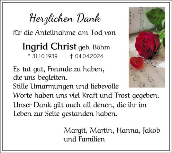 Traueranzeige von Ingrid Christ von Schwetzinger Zeitung