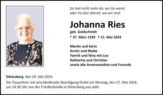 Traueranzeige von Johanna Ries von Fränkische Nachrichten