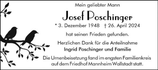 Traueranzeige von Josef Posekinger von Mannheimer Morgen