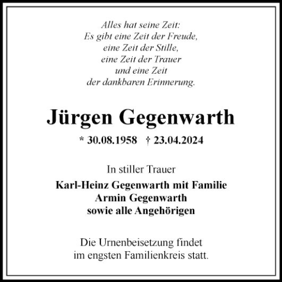 Traueranzeige von Jürgen Gegenwarth von Fränkische Nachrichten