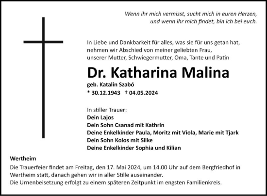 Traueranzeige von Katharina Malina von Fränkische Nachrichten