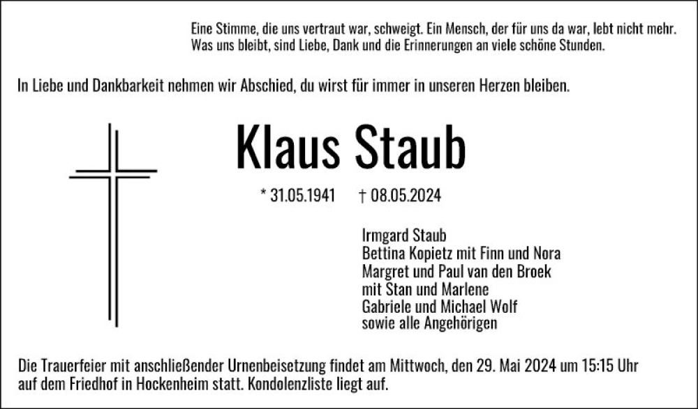  Traueranzeige für Klaus Staub vom 18.05.2024 aus Schwetzinger Zeitung