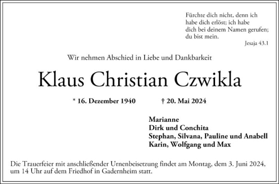 Traueranzeige von Klaus Christian Czwikla von Bergsträßer Anzeiger