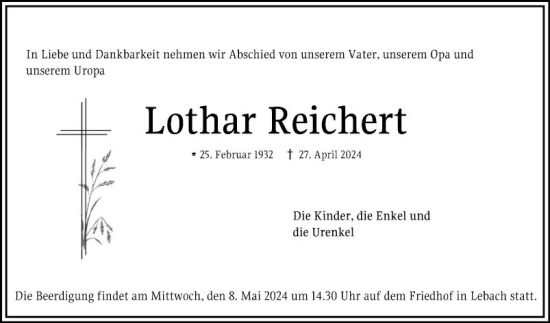 Traueranzeige von Lothar Reichert von Schwetzinger Zeitung
