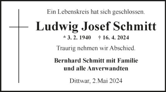 Traueranzeige von Ludwig Josef Schmitt von Fränkische Nachrichten