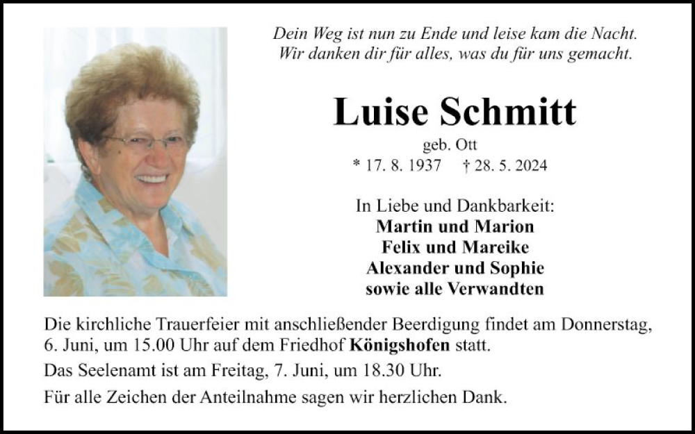  Traueranzeige für Luise Schmitt vom 01.06.2024 aus Fränkische Nachrichten