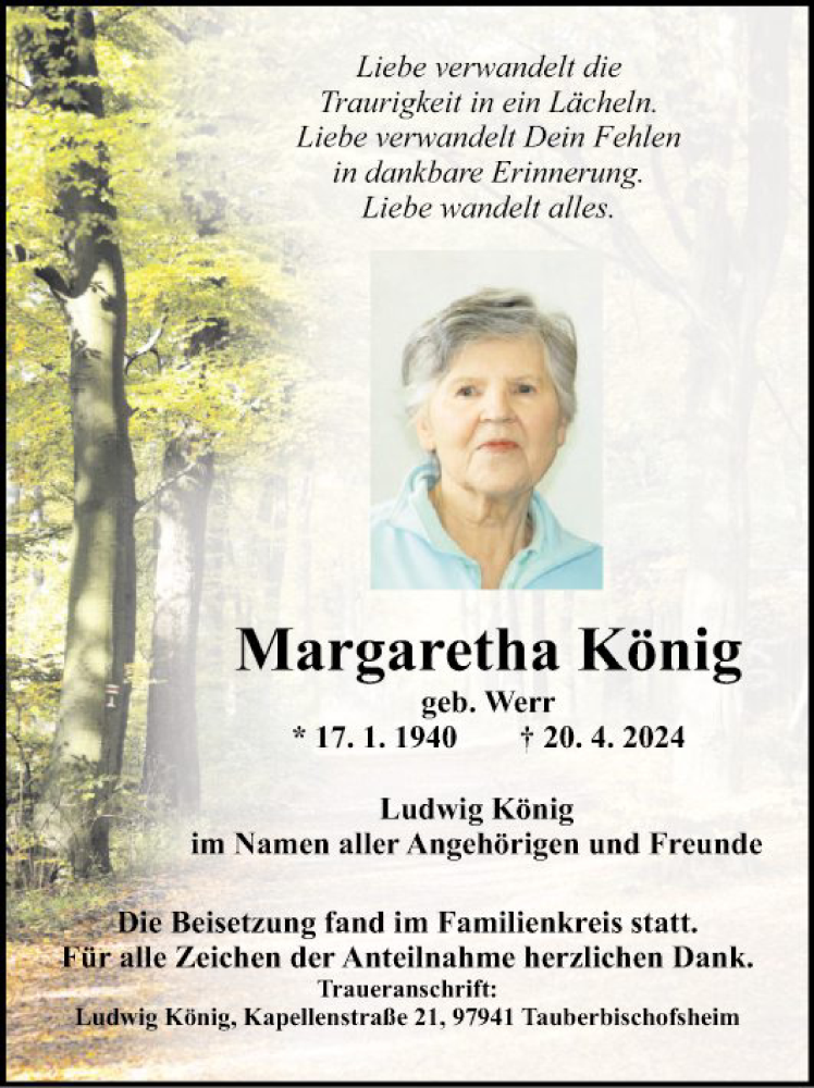  Traueranzeige für Margaretha König vom 18.05.2024 aus Fränkische Nachrichten