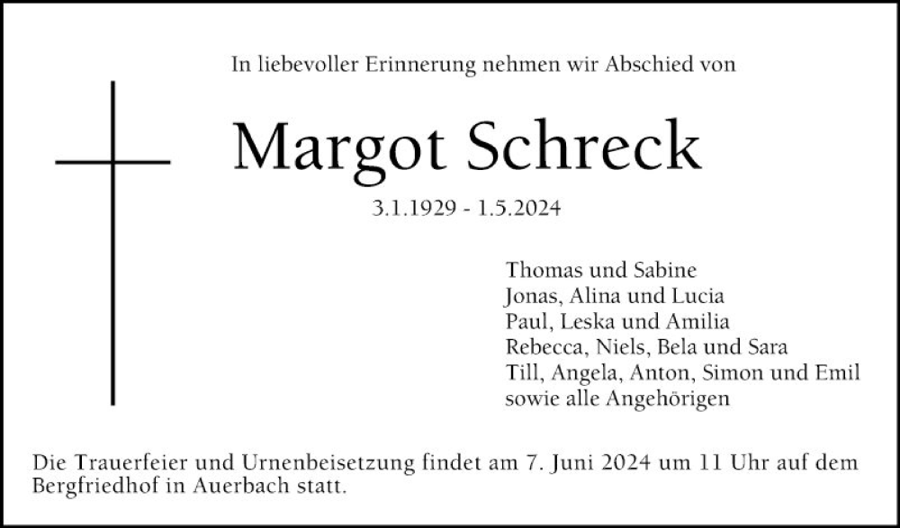  Traueranzeige für Margot Schreck vom 01.06.2024 aus Bergsträßer Anzeiger
