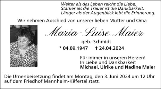 Traueranzeige von Maria-Luise Maier von Mannheimer Morgen