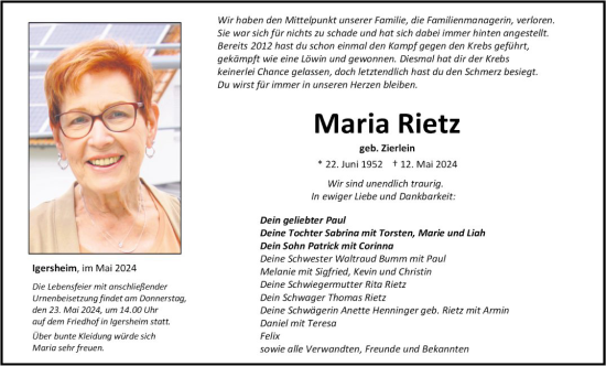 Traueranzeige von Maria Rietz von Fränkische Nachrichten