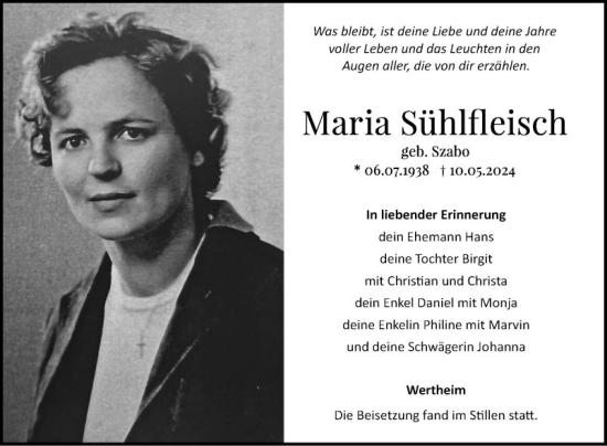 Traueranzeige von Maria Sühlfleisch von Fränkische Nachrichten