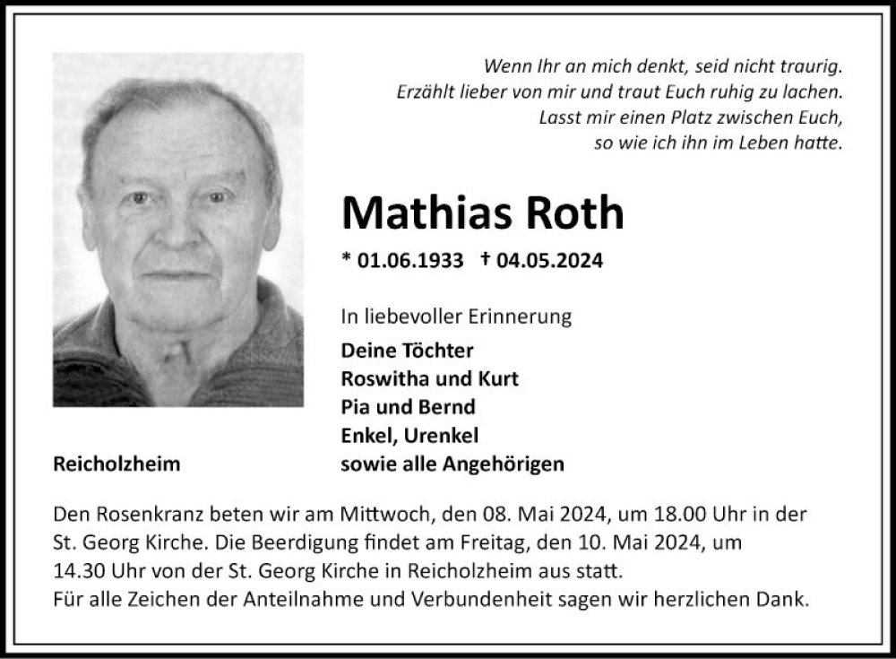  Traueranzeige für Mathias Roth vom 08.05.2024 aus Fränkische Nachrichten