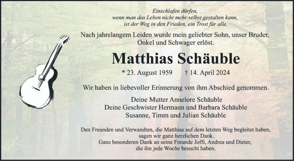  Traueranzeige für Matthias Schäuble vom 04.05.2024 aus Schwetzinger Zeitung