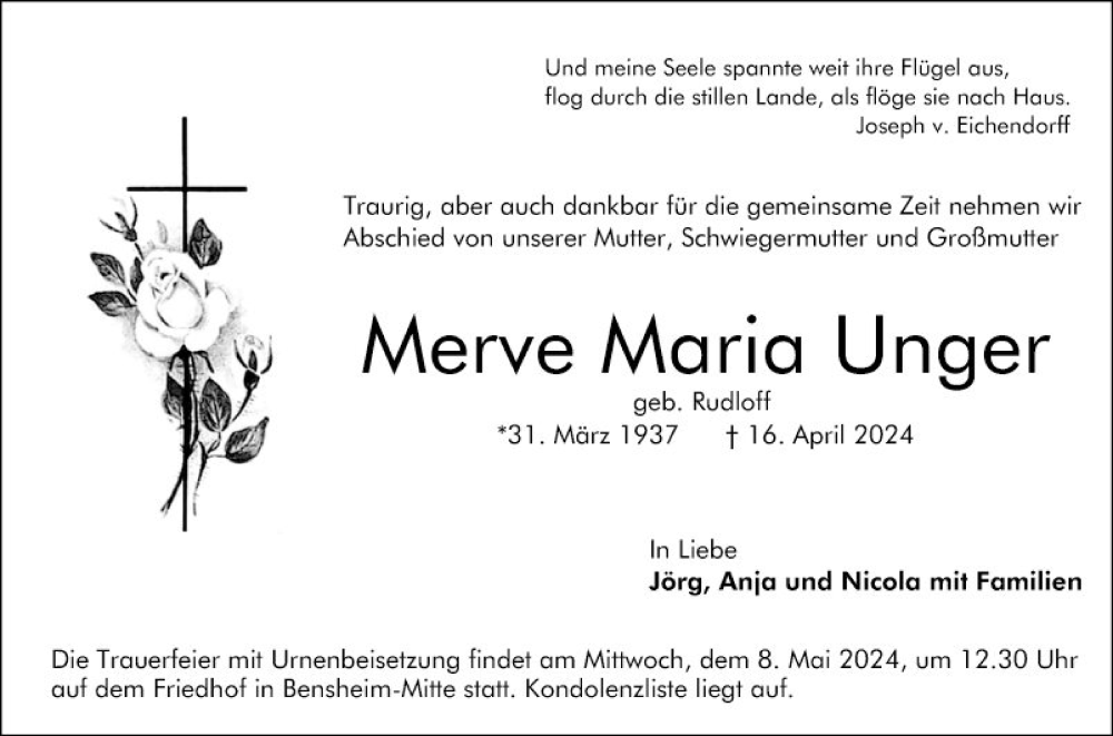  Traueranzeige für Merve Mari Unger vom 04.05.2024 aus Bergsträßer Anzeiger
