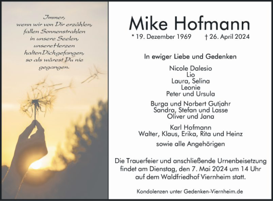 Traueranzeige von Mike Hofmann von Mannheimer Morgen