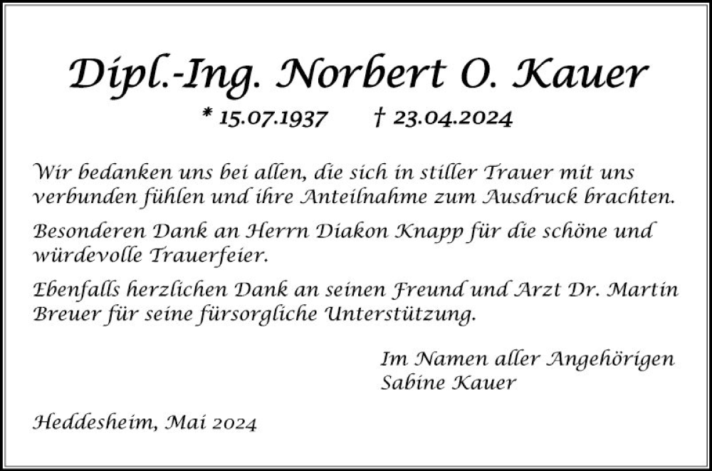 Traueranzeige für Norbert Kauer vom 01.06.2024 aus Mannheimer Morgen