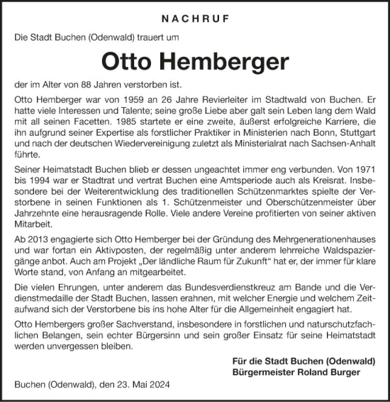 Traueranzeige von Otto Hemberger von Fränkische Nachrichten