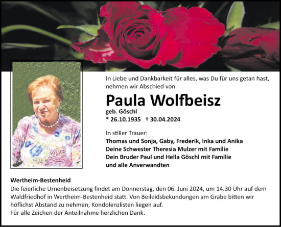 Traueranzeige von Paula Wolfbeisz von Fränkische Nachrichten