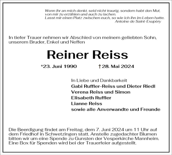 Traueranzeige von Reiner Reiss von Schwetzinger Zeitung