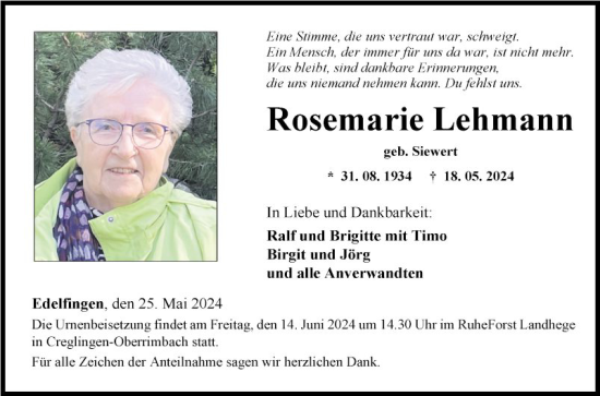 Traueranzeige von Rosemarie Lehmann von Fränkische Nachrichten
