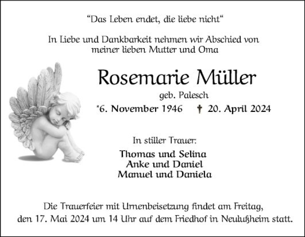  Traueranzeige für Rosemarie Müller vom 14.05.2024 aus Schwetzinger Zeitung
