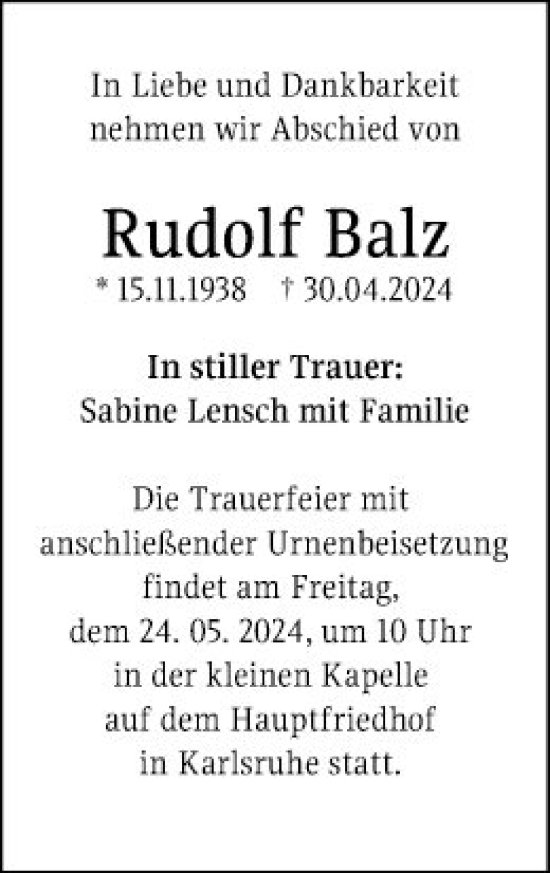 Traueranzeige von Rudolf Balz von Mannheimer Morgen