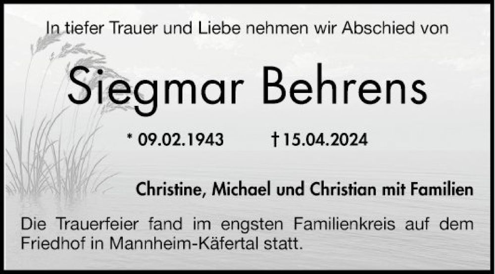  Traueranzeige für Siegmar Behrens vom 04.05.2024 aus Mannheimer Morgen